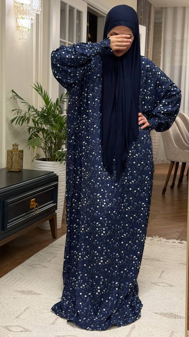 Abaya Komplettansicht Blauton floral locker fallend aus Viskose
