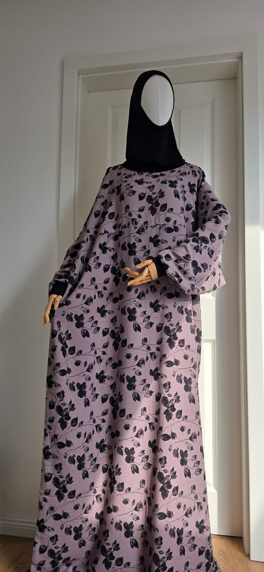 Grau-/schwarzes Haya Gebetskleid mit Blumenmuster und integriertem Bonnet für Gebet und Alltag