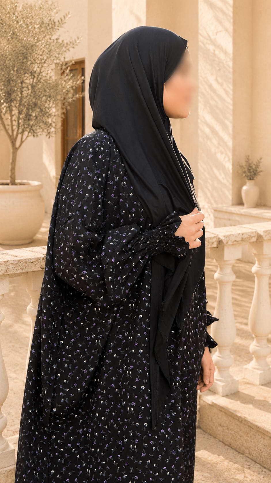 Abaya Set Banafsaj mit feinem Veilchenmuster, angenähtem Hijab und Reißverschluss