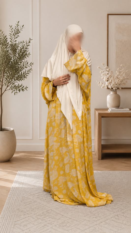 Abaya Set Shams aus Leinenviskose mit passendem Kopftuch in Gelb
