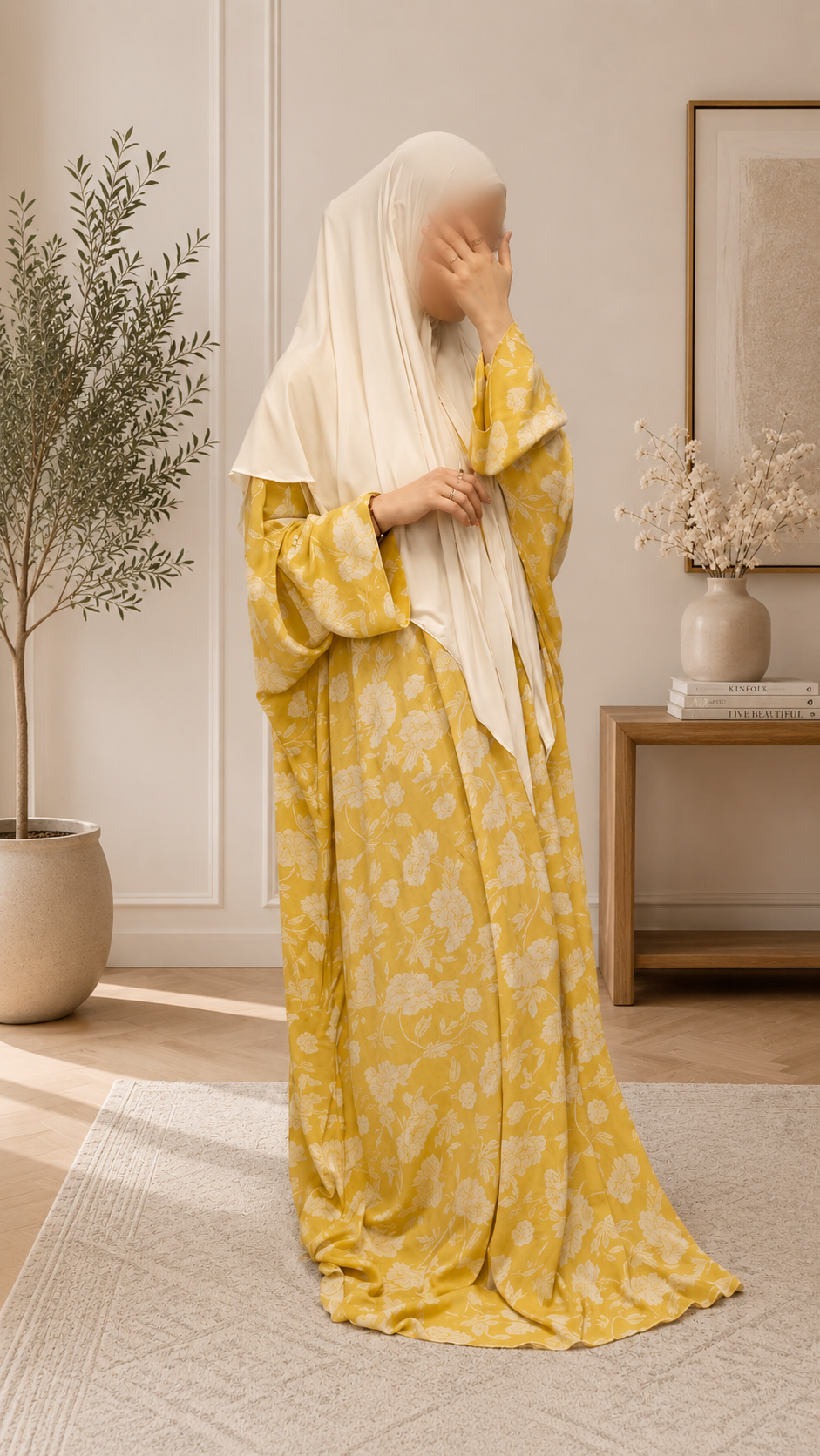 Butterfly Abaya Set Shams mit separatem Kopftuch und floralem Muster