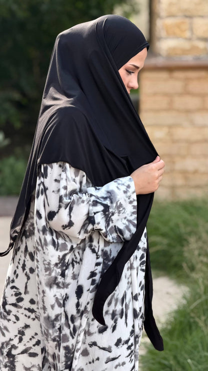 Abaya Set White Pearl mit Doppelärmeln und schwarzem Kopftuch