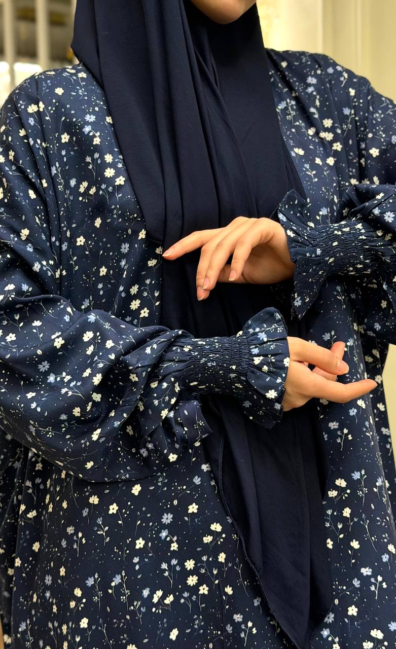 Ärmel Detail Abaya Blauton mit floralem Muster
