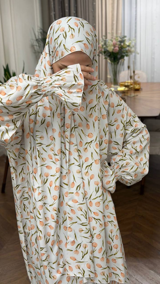 Aliyye Lale Abaya hell Premium Viskose mit Tulpenmuster Frontansicht