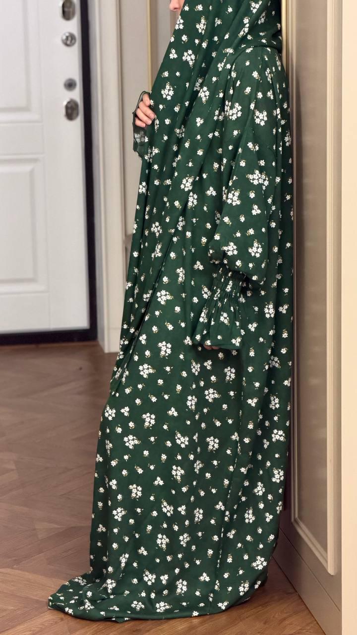 Khadra Garden Abaya Rückansicht elegant grün mit Blumenmuster