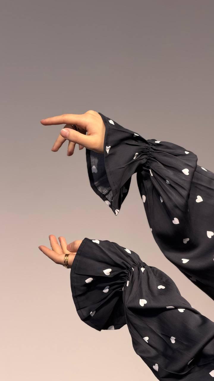 Rüschenärmel Abaya Viskose Herzmuster schwarz