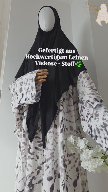 Abaya Set White Pearl in Weiß und Schwarz mit schwarzem Dreieck-Kopftuch